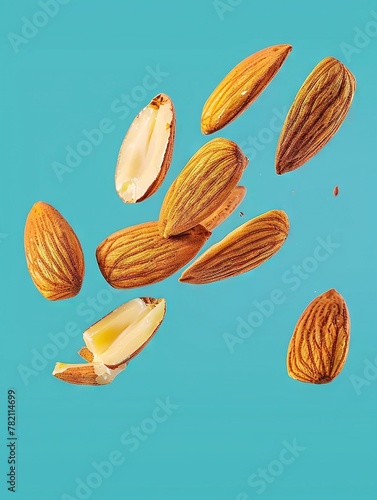 Almond, nuts falling, blue background