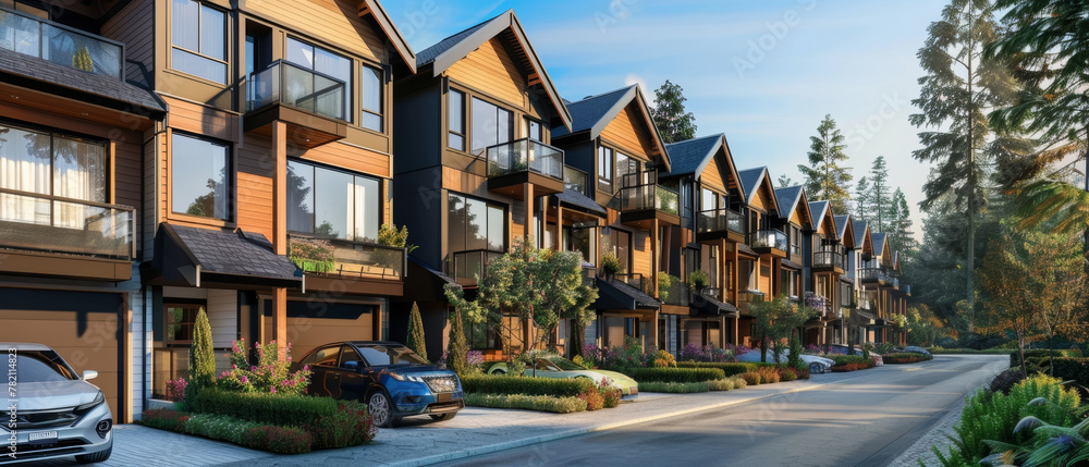A collection of upscale condominiums with a striking, contemporary design that seamlessly integrates with the surrounding pine forest, featuring ample glazing, warm wood tones, and lush landscaping.