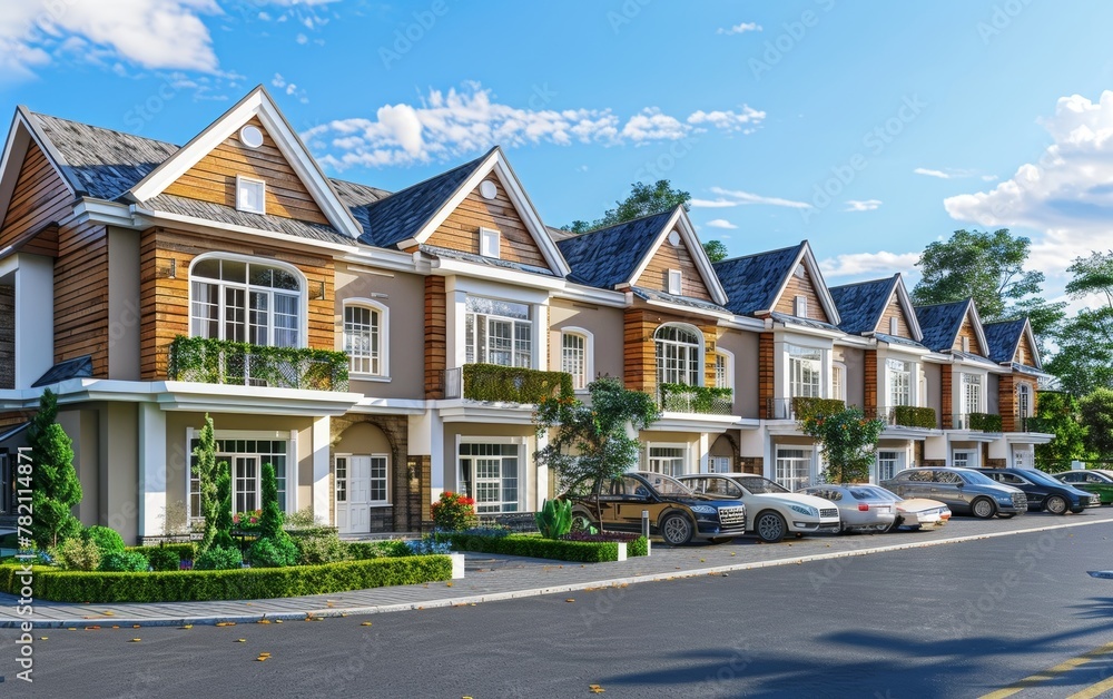 A picturesque townhouse community featuring well-designed units with pitched roofs, dormers, and warm-toned wood and stone accents, set against a backdrop of lush greenery and a clear blue sky.