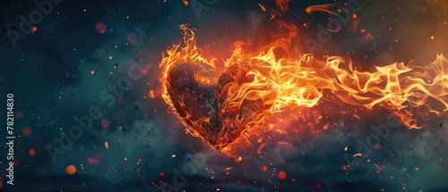 A conceptual illustration of a heart ablaze symbolizing burning love or passion photo
