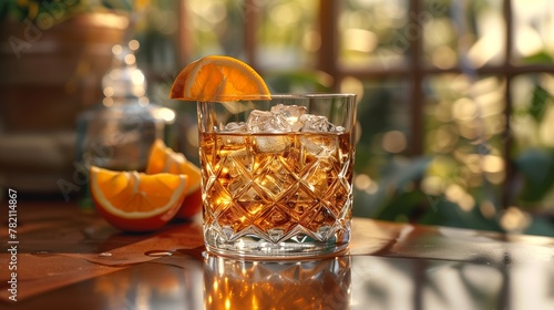 Glass of Rangpur whiskey with ice and orange slice on table