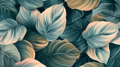 Elegant botanical illustration: Muted tones abstract background with Calathea Orbifolia.