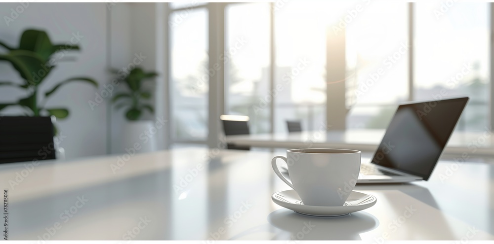 a modern desk with a laptop and coffee cup on a white table in a bright office room a modern desk with a laptop and coffee cup on a white table in a bright office room