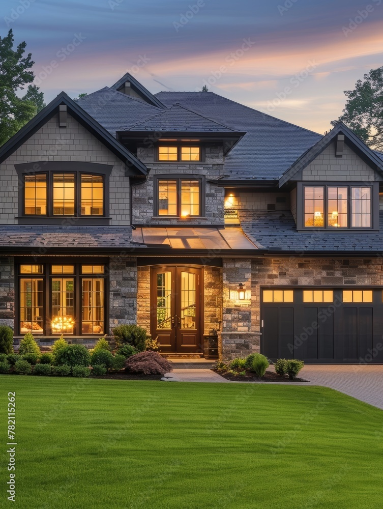 A striking multi-story home with a combination of stone and siding, adorned with arched windows and multiple dormers. The interior lighting casts a warm, welcoming glow against the moody twilight sky.