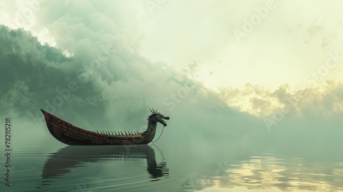 rowing boat adorned with a fierce dragon head in a calm water