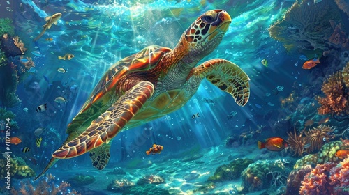 sea turtle gracefully glides through azure waters of the deep ocean