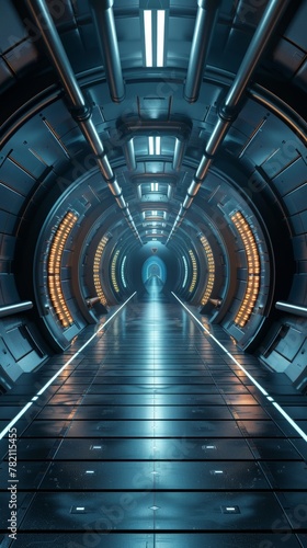 A captivating, multi-layered spacecraft corridor with a hypnotic, almost kaleidoscopic effect created by the interplay of geometric shapes, glowing panels, and a symmetrical perspective.