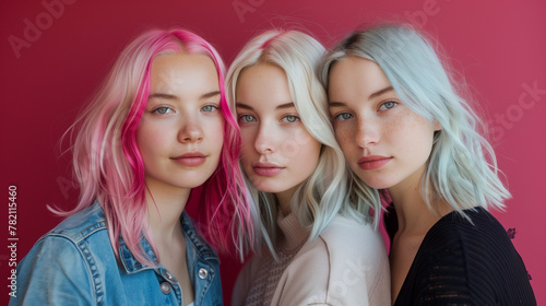 Portrait photography of 20-year-old girls. On the left, the first one has pink hair, the second one has white hair. On the right, the third girl has light blue hair. Background - fuchsia.