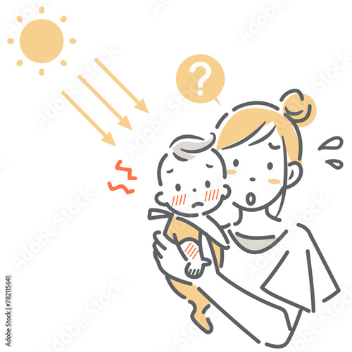 赤ちゃんの肌トラブルに悩むお母さん　シンプルでお洒落な線画イラスト