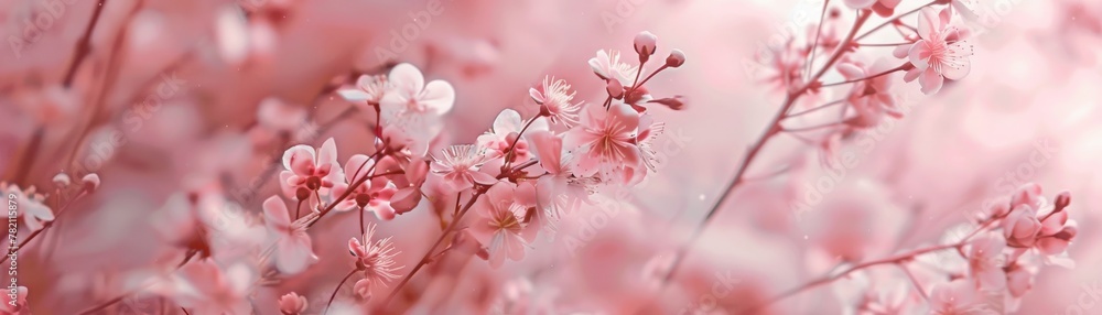 A whimsical scene unfolds in soft and dreamy shades of pink, where delicate flowers sway in a gentle breeze, creating a world of serene beauty no splash