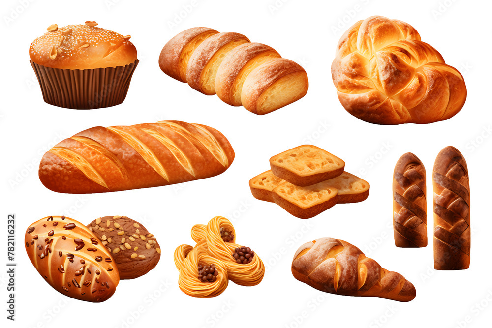 Set of various sweet breads Slices and bakery or pastries, isolated cartoon vector set of bakery products translucent background Set of various sweet breads Slices and bakery or pastries, isolated cartoon vector set of bakery products translucent background