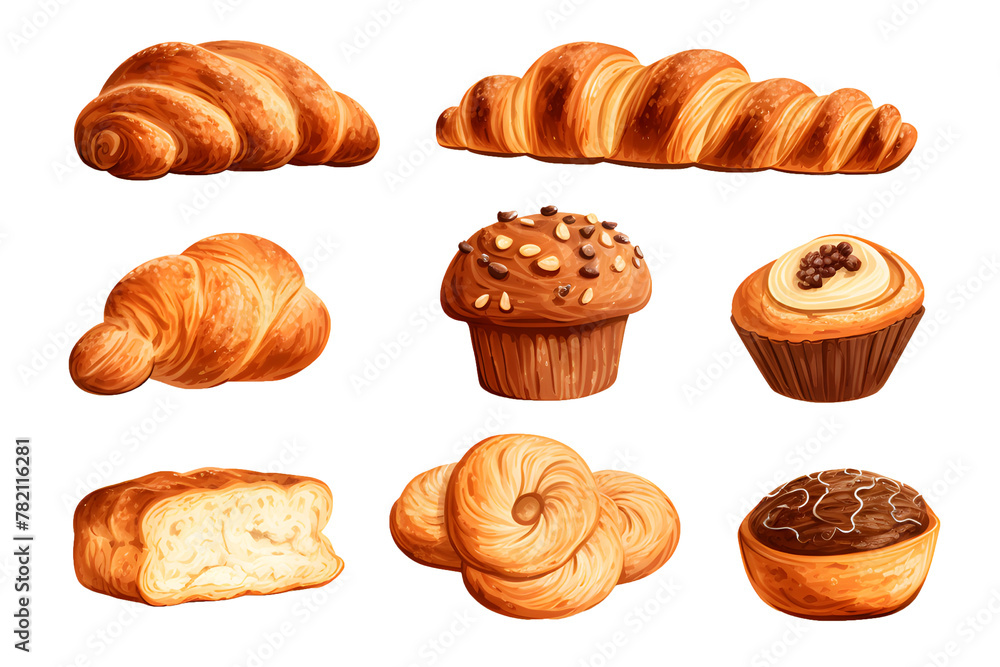 Set of various sweet breads Slices and bakery or pastries, isolated cartoon vector set of bakery products translucent background Set of various sweet breads Slices and bakery or pastries, isolated cartoon vector set of bakery products translucent background