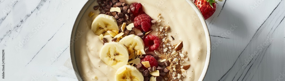 A smoothie bowl, adorned with vibrant toppings, owes its creamy base to almond milk, its light beige adding a touch of calm to the palette low texture A smoothie bowl, adorned with vibrant toppings, owes its creamy base to almond milk, its light beige adding a touch of calm to the palette low texture