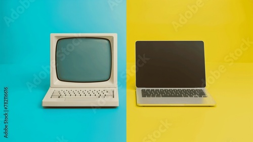 Old vs new technology computers isolated on colorful background. photo