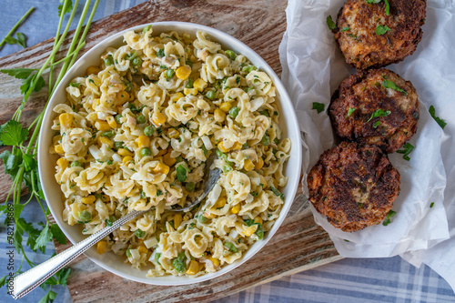 Pasta salad with german pork meatballs photo