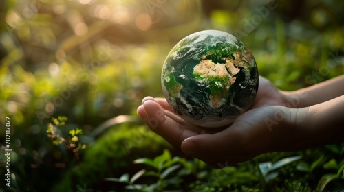 Human hand holding a miniature globe symbolizing environmental awareness
