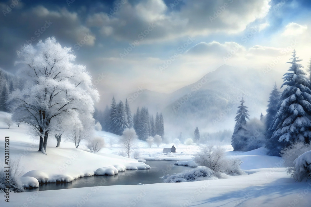 A serene, snowy landscape engulfs a forest with tall trees partially coated in frost under a clear, starry sky. A serene, snowy landscape engulfs a forest with tall trees partially coated in frost under a clear, starry sky.