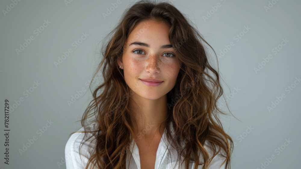 Photo of brunet hair bristle doc assistant folded hands over chest stand isolated on light gray background with hollywood smile. Photo of brunet hair bristle doc assistant folded hands over chest stand isolated on light gray background with hollywood smile.