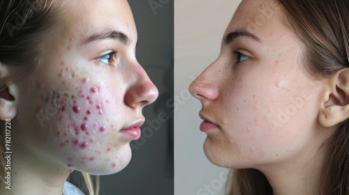 Teen girl's skin before and after treating acne. A dermatologist can help with acne treatment.