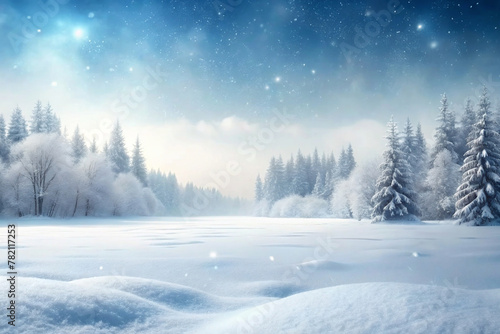 A serene  snowy landscape engulfs a forest with tall trees partially coated in frost under a clear  starry sky.
