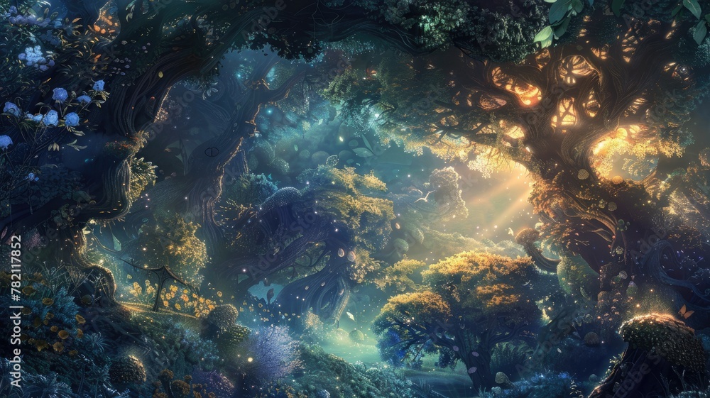 Dreamy enchanted forest with rays of light - A fantasy portrayal of an enchanted forest, with sunlight piercing through the thick foliage, creating a magical atmosphere