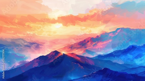 Vibrant colorful digital mountainscape art - A digital artwork showcasing a range of vibrant colors set in a stylized mountain range with a dynamic sky