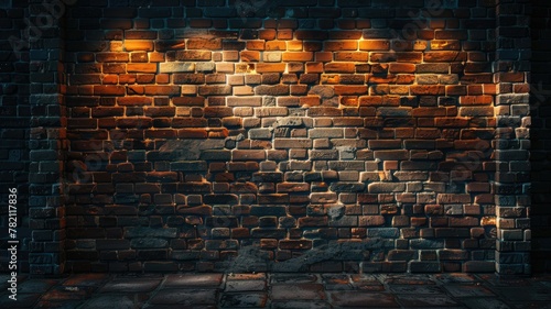 Spotlit empty brick wall in dramatic setting - A focused pool of light dramatically presents an empty brick wall, evoking a sense of suspense and anticipation