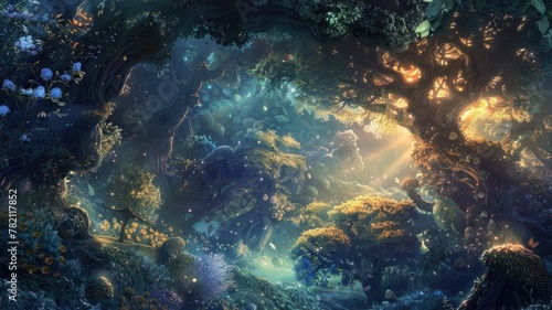 Dreamy enchanted forest with rays of light - A fantasy portrayal of an enchanted forest, with sunlight piercing through the thick foliage, creating a magical atmosphere