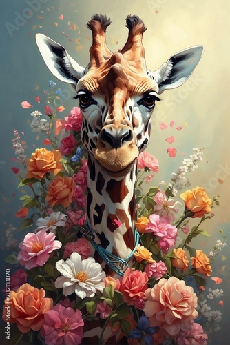 Painting of a Giraffe Surrounded by Flowers