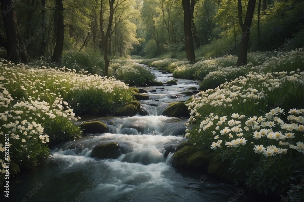 Fototapeta premium Stream Flowing Through Lush Green Forest with Colorful Flowers