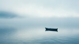 Single boat on misty calm lake water - An eerie and peaceful scene with a solitary rowboat floating on calm waters amidst a heavy mist