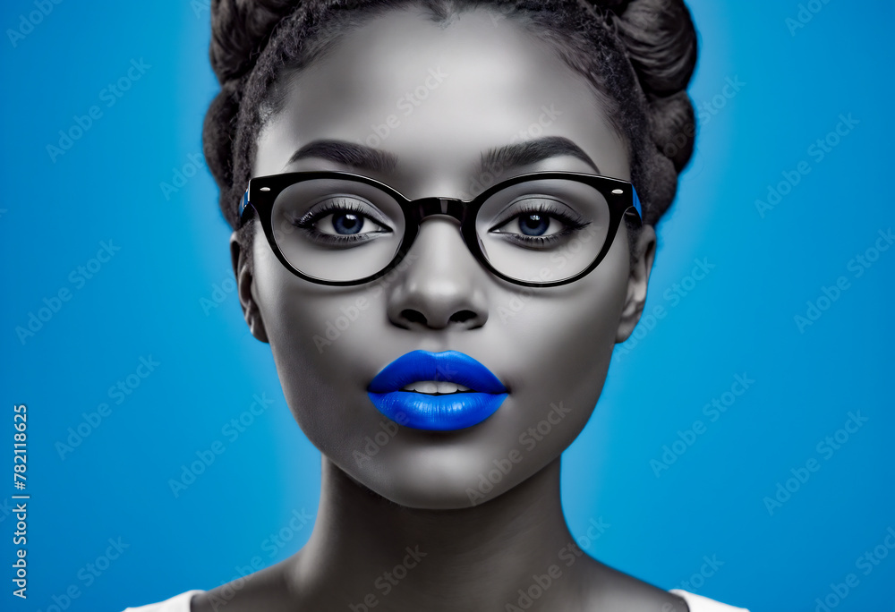 AI-generated illustration of an African American woman with blue lips against a blue backdrop