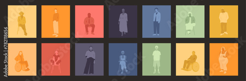 Silhouettes of various people in a modern and colorful design.
