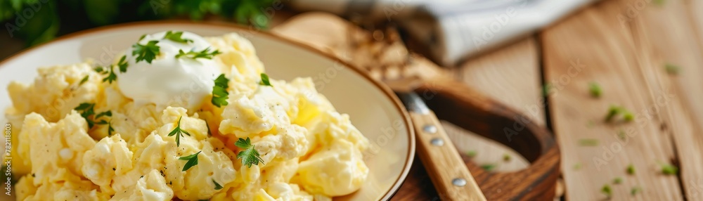 A breakfast of scrambled eggs is transformed by a swirl of tangy sour cream, its creamy whites lending a velvety smoothness to the dish no dust A breakfast of scrambled eggs is transformed by a swirl of tangy sour cream, its creamy whites lending a velvety smoothness to the dish no dust