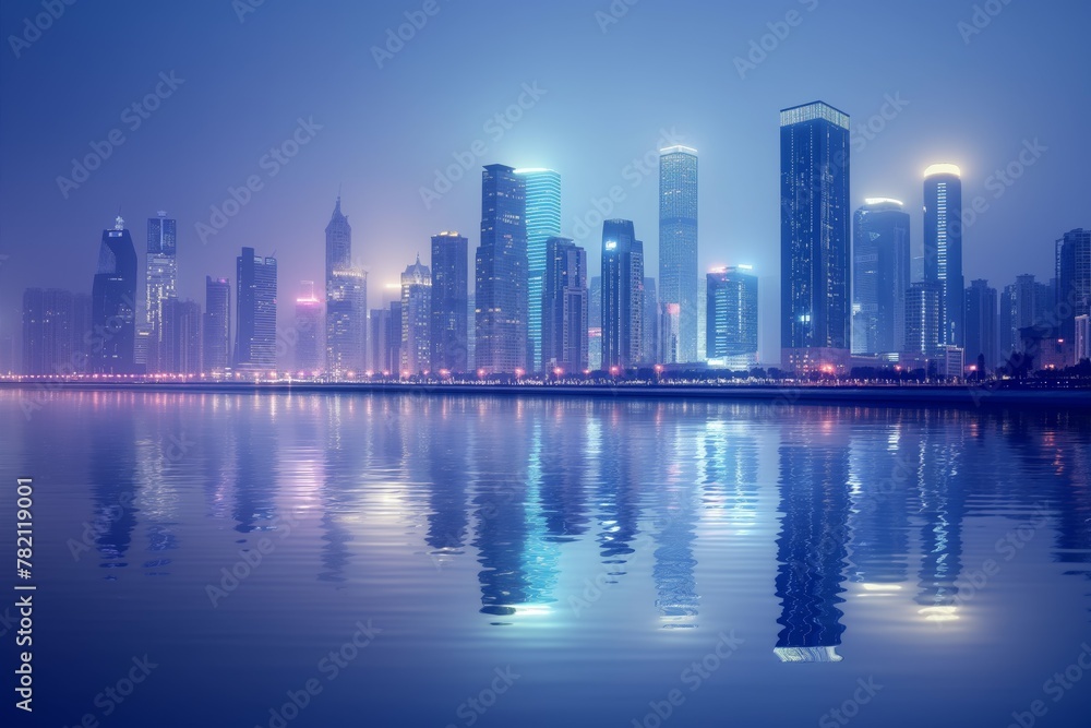 A serene city skyline with glowing skyscrapers reflected on water at twilight.
