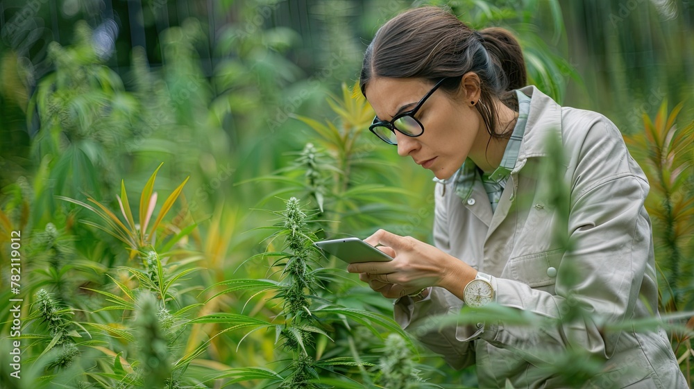 An expert investigator examines a CBD cannabis An expert investigator examines a CBD cannabis