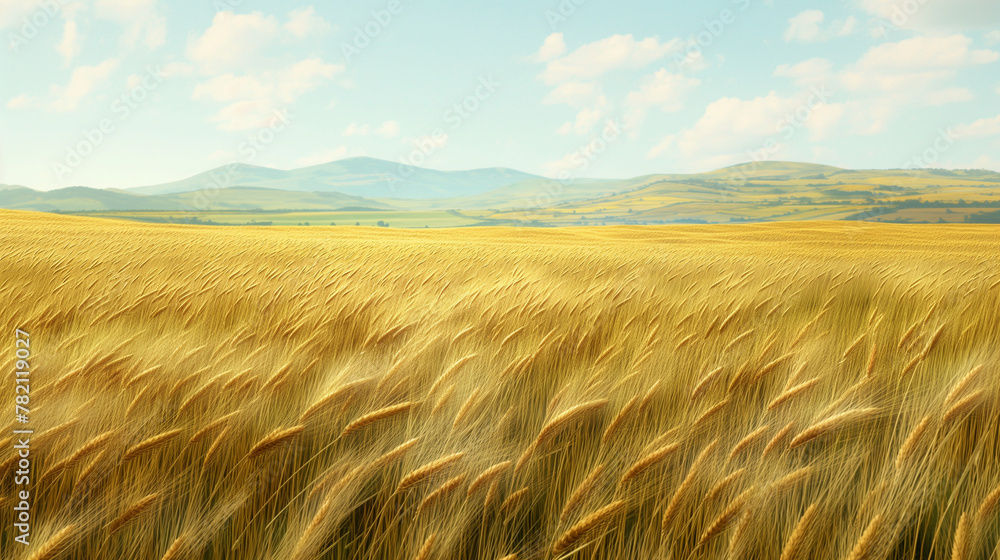An endless field of ears of grain against the blue sky