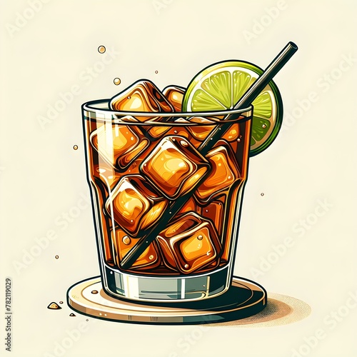 glass of cola with ice and lemon