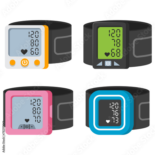 Blood pressure monitors vector cartoon set isolated on a white background.