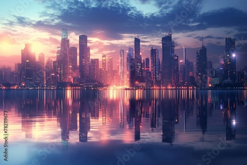 Majestic city skyline mirrored beautifully in the calm waters at dusk.