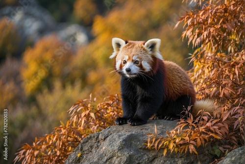 Cute fluffy red panda sitting on top of a rock against vibrant autumn foliage