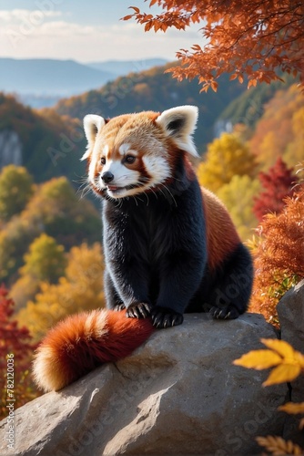 Cute fluffy red panda sitting on top of a rock against vibrant autumn foliage