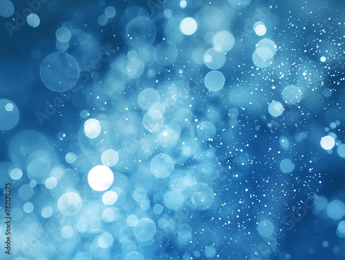 Abstract light blue background with glitter lights and shimmering particles. Circle blurred bokeh. Festive backdrop.