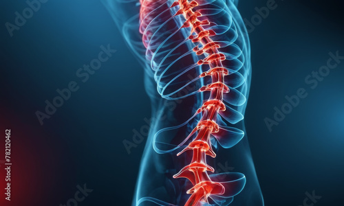 An x-ray like image of a spine in blue background. The vertebrae are highlighted in red.