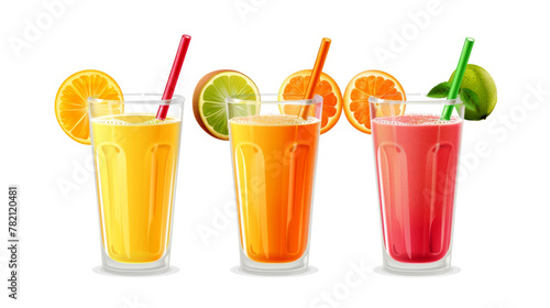 Three glasses of fresh juice with orange, lemon, and grapefruit slices on white background. Set of fruit smoothies fruits orange juice drink straw in a cup isolated on white.