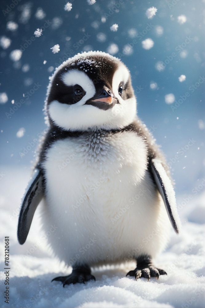 Fototapeta premium Cute fluffy little baby penguin standing on the snow