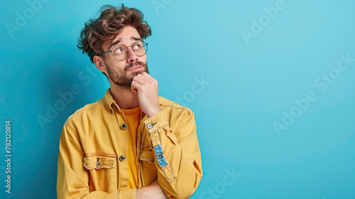 Portrait of a confused puzzled minded man on pastel blue background photo