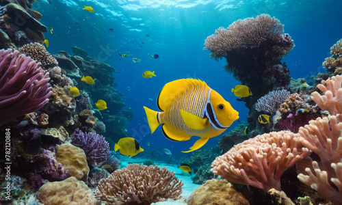 A school of fish swim among the coral reefs.