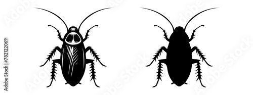 Cockroach black silhouettes, detailed and solid. Insect vector illustration. Isolated on white backdrop Concept of pest control, infestation, home hygiene. For design, print, educational material
