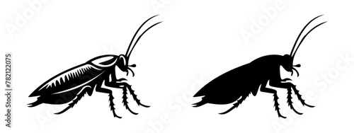 Cockroach black silhouettes, detailed and solid. Insect vector illustration. Isolated on white background. Concept of pest control, infestation, home hygiene. For design, print, educational material